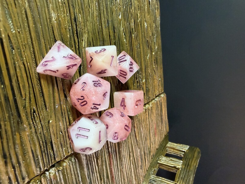 Feywild Dawn Pink & White Dice | Handmade Sharp Resin Polyhedral Set | Pearlescent Rose Swirl TTRPG Dice for D&D Bards & Warlocks