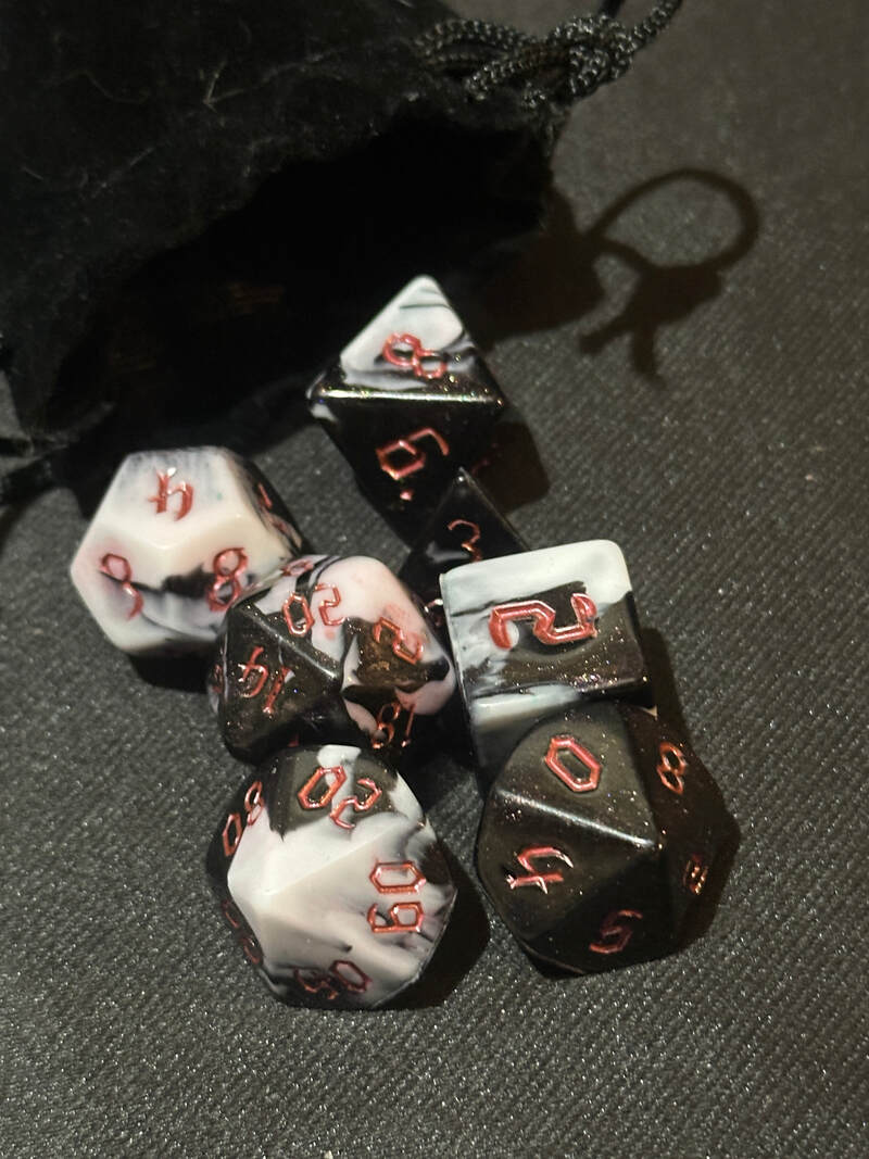 Shadow Veil Black & White Swirl Dice | Handmade Marble Resin TTRPG Set | Fiery Red Ink for D&D Rogues & Sorcerers