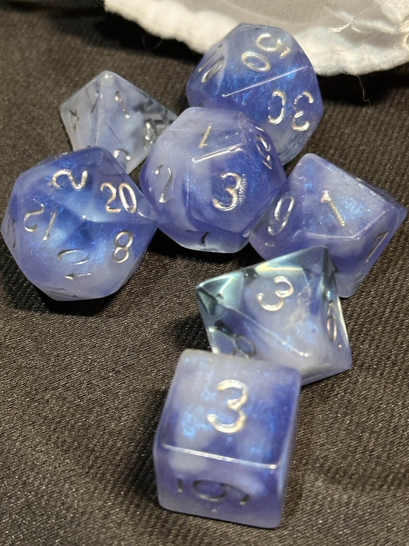 Silver-Lined Sky Blue & White Dice | Handmade Storm Cloud Resin Polyhedral Set | Silver Ink D&D Dice for Storm Sorcerer & Cleric